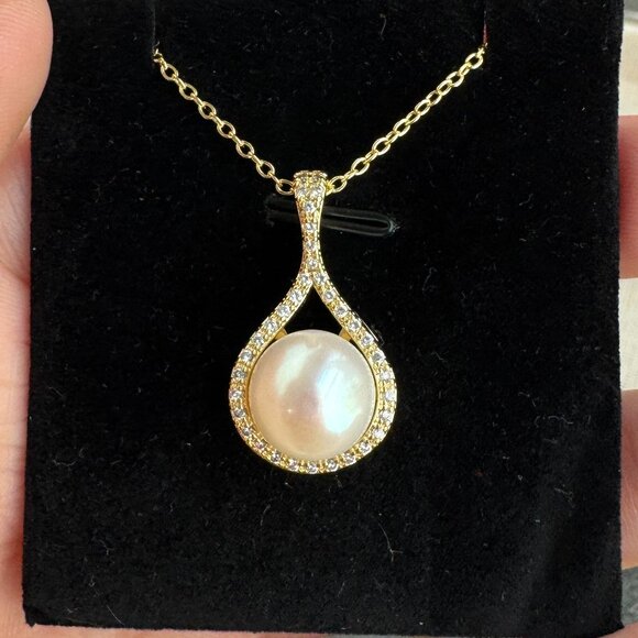 Classic Halo Teardrop Freshwater Pearl Necklace | 14k Gold-Filled CZ Sparkle - Picture 1 of 10